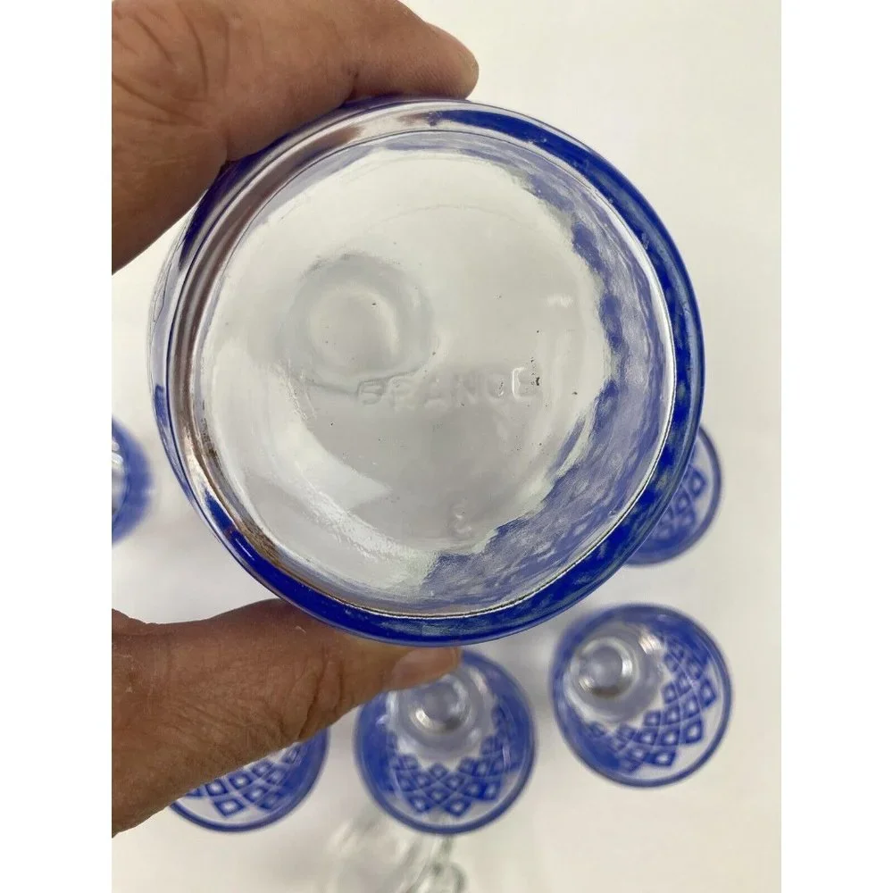 French Liquor Wine Decanter & 6 Shot Glasses Blue Diamond Pattern Barware Bar